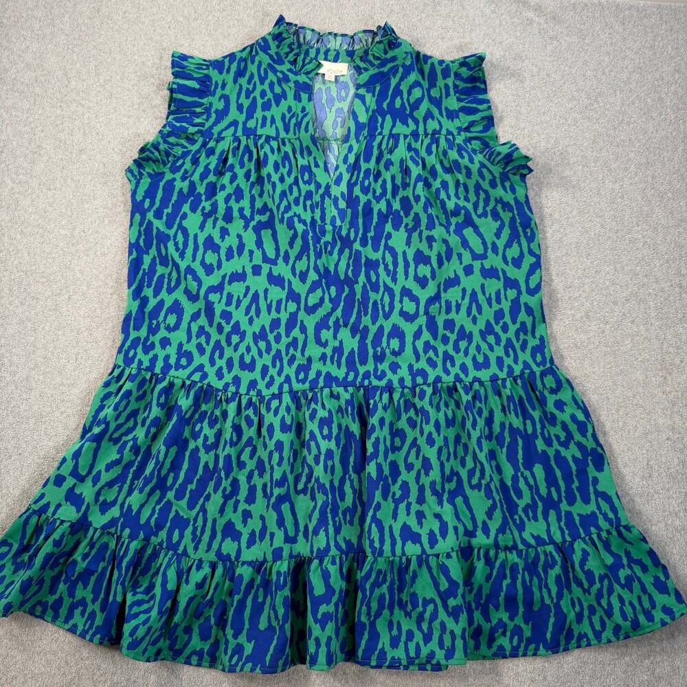 Pinch Women's Medium Green Blue Leopard Print Ruffle Tiered Mini Dress V-Neck